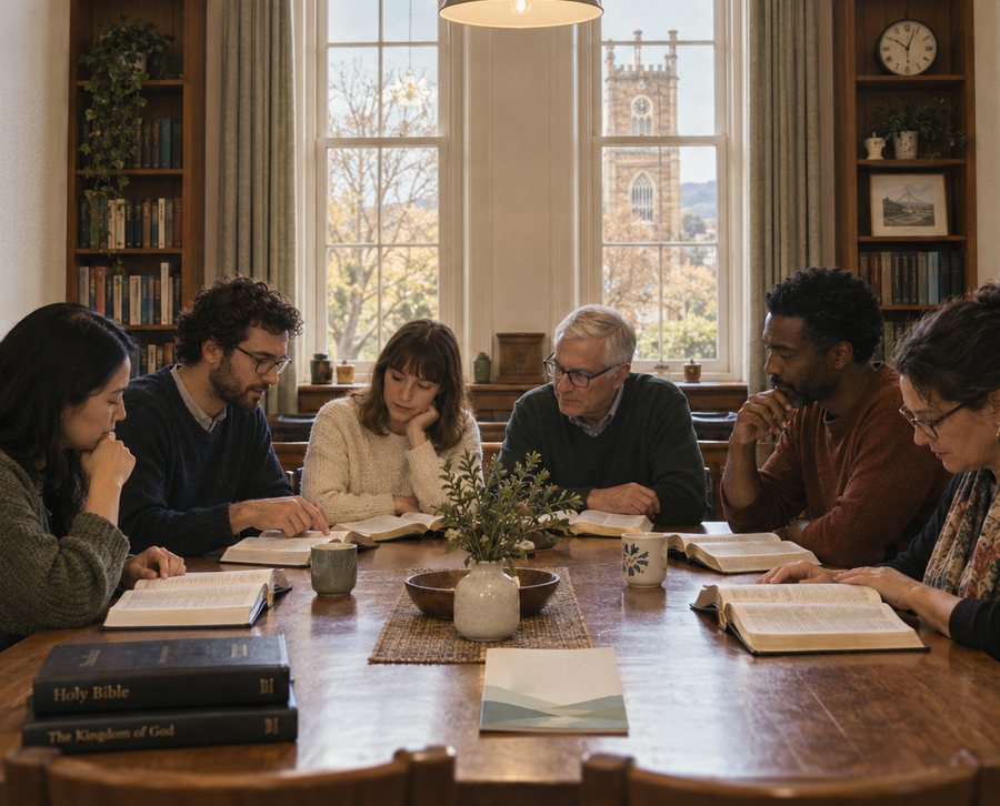 Six adults read open Bibles together around a timber table in a heritage study.