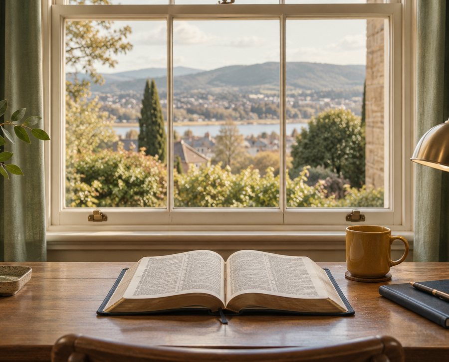 An open Bible on a timber desk beneath a window looking out over a town, a river and hills beyond.
