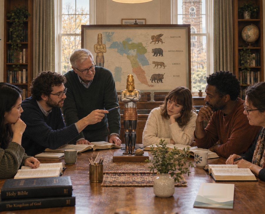 A study group discusses a model of the statue in Daniel beside open Bibles.