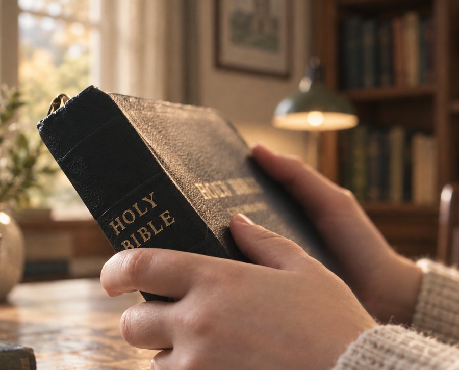 A person holds a worn Holy Bible in both hands at a sunlit timber desk.