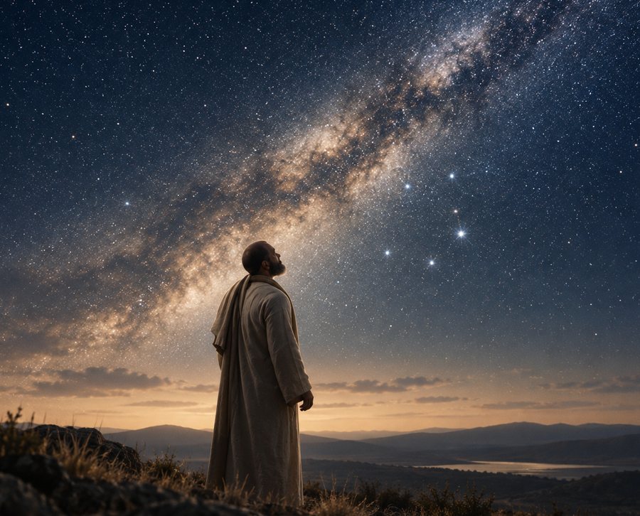 A robed figure stands on a ridge at night looking up at the Milky Way.