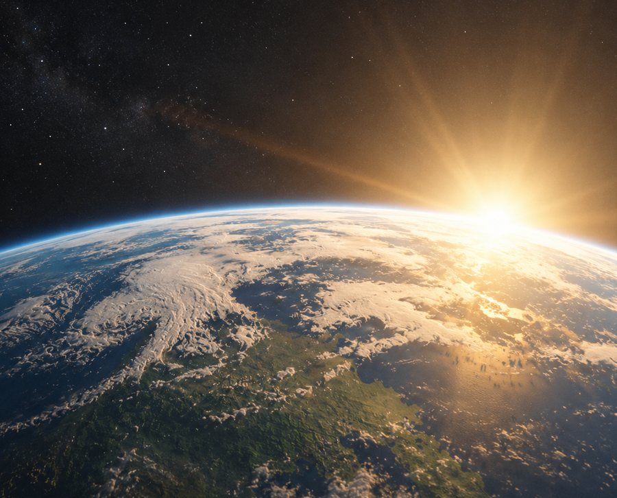 The curve of the earth seen from space, with the sun rising over the horizon.