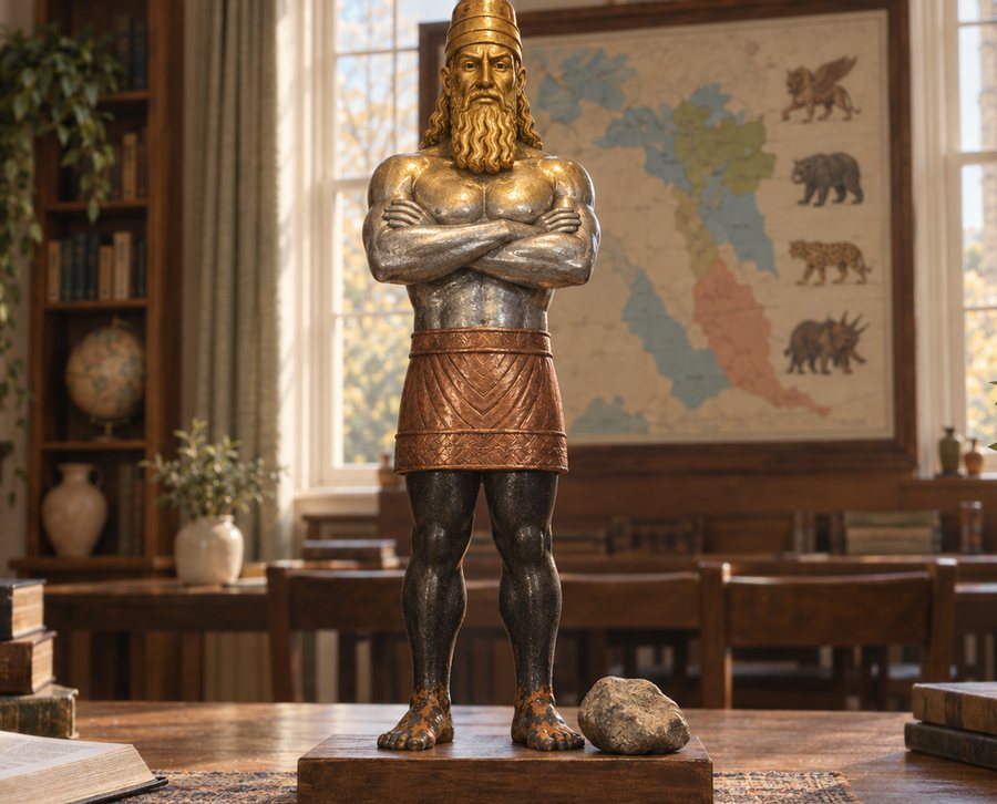 A model of the great image of Daniel's prophecy, with its head of gold, chest of silver and waist of brass, standing in a study in front of a wall map of the ancient Near East.