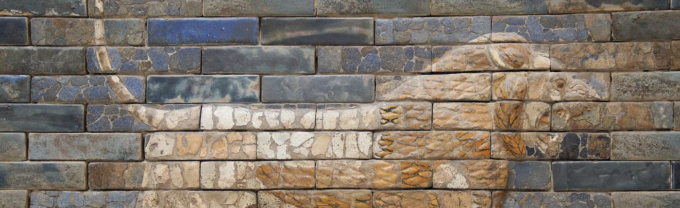 A lion in glazed brick from the Ishtar Gate of Babylon, rebuilt from the original bricks.