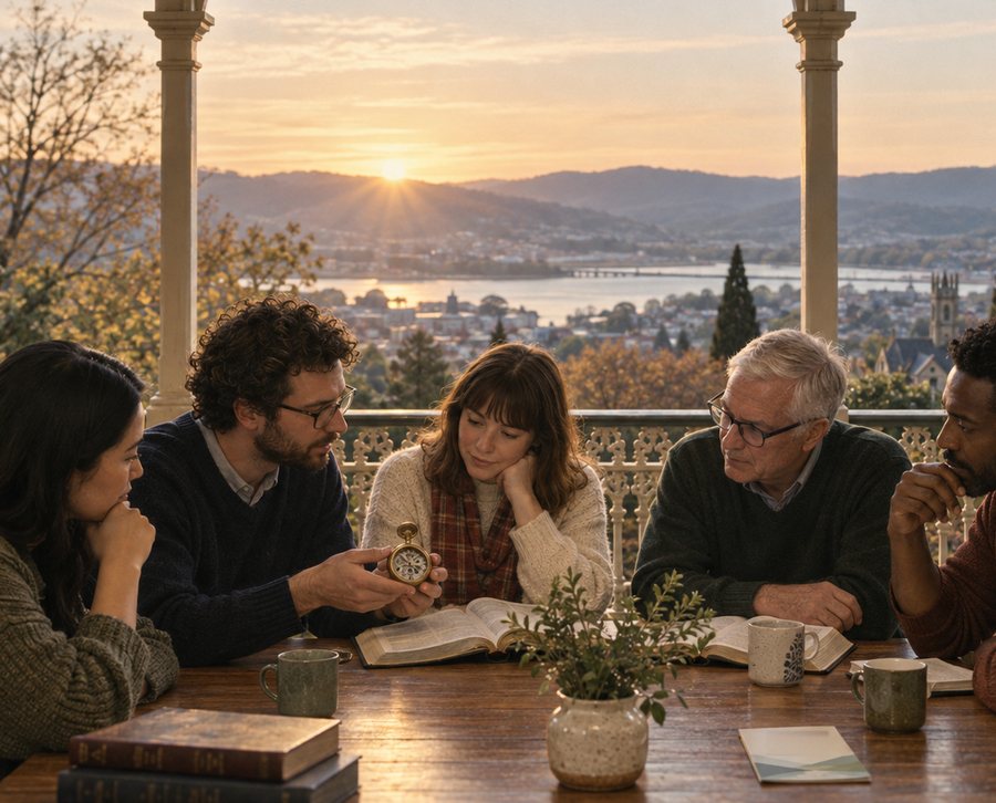 Six adults talk around a timber table in a sunlit room with a valley beyond the window.